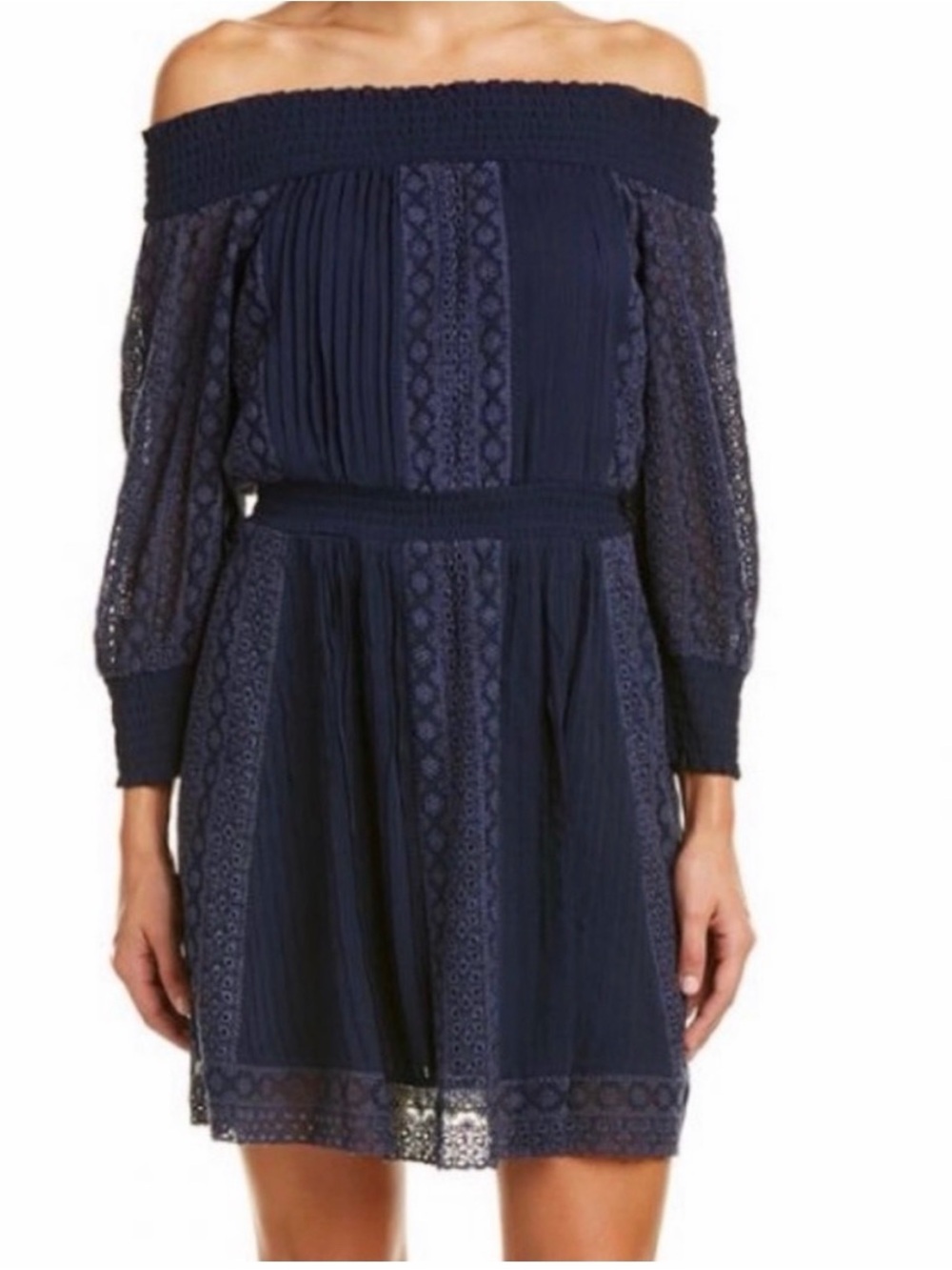 Alice + Olivia Pammy Off-the-Shoulder Eyelet Mini Dress Navy Medium